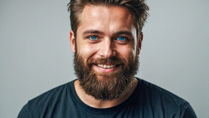 man with a beard wearing a black shirt smiling while looking at the camera on a clean background