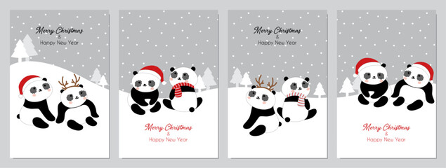 Panda Card Set Of Merry Christmas & Happy New Year Vector Illustration
