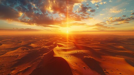 Sunrise over sahara  aerial view of desert with camel silhouette and majestic dunes