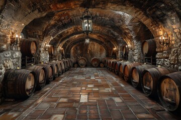Fototapeta na wymiar Traditional Wine Cellar With Aged Barrels Lined Up in an Old Stone Vault