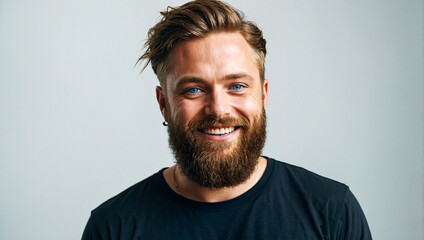 man with a beard wearing a black shirt smiling while looking at the camera on a clean background - obrazy, fototapety, plakaty
