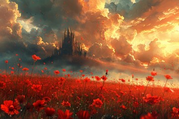 Fototapeta premium Enchanting Sunset Over a Field of Red Poppies With a Majestic Castle in the Background