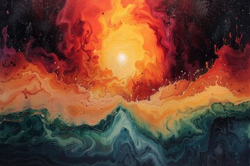 Vivid Abstract Artwork Depicting a Fiery Sunset Over Turbulent Ocean Waves - obrazy, fototapety, plakaty
