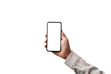 Hand holding smartphone over transparent background