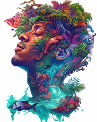 a vibrant illustration of a man's floating head set against a white background, featuring a jungle, animals, and official game artwork. It was created as the winner of an Artstation contest.