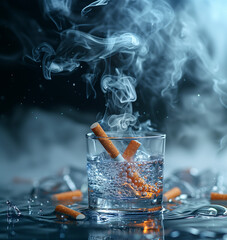 quit smoking, extinguished cigarettes in glass of water on a dark background, smoke
