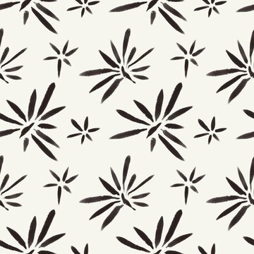 Seamless abstract botanical pattern. Black flowers on grey background. Digital brush strokes. Design for textile fabrics, wrapping paper, background, wallpaper, cover.
