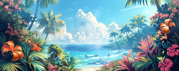 Beautiful tropical landscape with colorful flowers and plants Generative AI