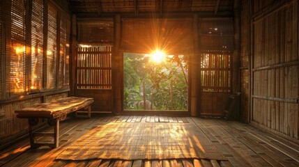 Vietnamese stilt house interior with bamboo walls, natural lighting at sunset in rural asian setting