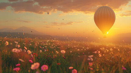 Hot air balloon drifts over field of wildflowers, golden sunrise