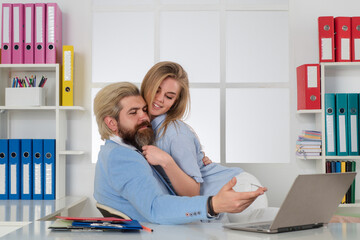 Sexy Woman and business man Sexual Harassment In Office. Sexy young employee Sexual Harassment. Female abuse. Employee Sexually harassed. Sex at work. Couple in love in business office.