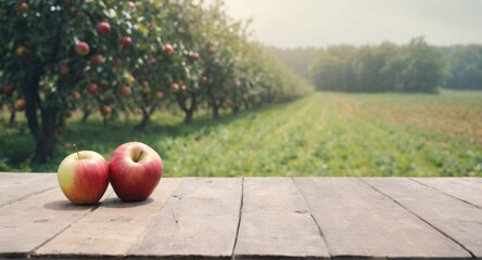 Fresh apples on table, orchard background. Autumn harvest - obrazy, fototapety, plakaty