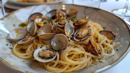 Plate of spaghetti alle vongole with fresh clams.
