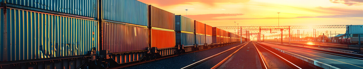 Railroad container shipping, global transportation, supply chain logistics - obrazy, fototapety, plakaty