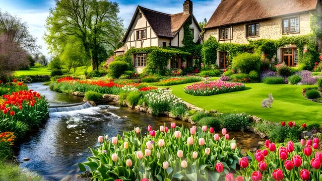 beautiful house is surrounded by colorful tulips, with green grass and trees in the background. A small river flow. Seamless looping 4k time-lapse video animation background 