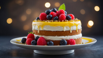 Delicious cake with berries on the table
