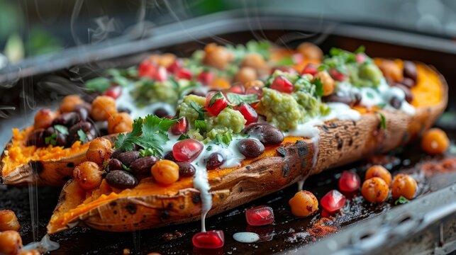   A picture of a dish with beans, guacamole, and sour cream on top