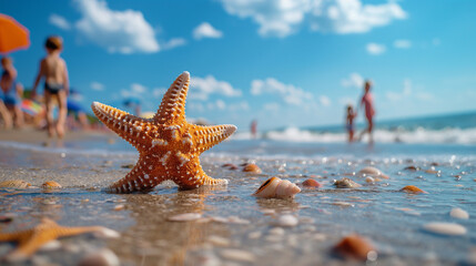 Close up of starfish in sand with children playing in background on beach during summer holidays. Generative AI - 775385903
