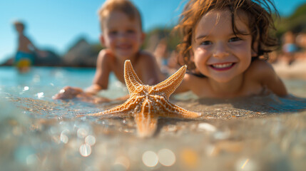 Portrait of cute children playing with starfish in shallow water on beach during summer holiday on sunny day. Generative AI - 775385918