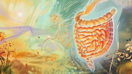 A painting with a simple background where a halogram of the stomach and digestive system is projected, showing the process of digestion and its effect on health, providing educational and educational - obrazy, fototapety, plakaty
