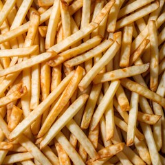 Heap of yummy french fries as textured food background. Top view, full frame. AI generated