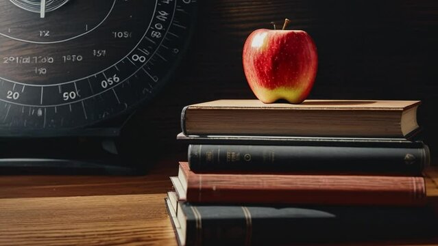 Red apple atop a stack of hardcover books on wooden table, symbol of education.