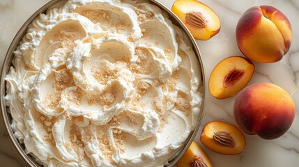   A photo of a close-up pie with whipped cream and peaches on a white marble table