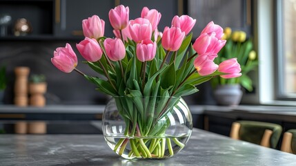   A vase holding pink tulips sits atop a table beside another vase with green foliage