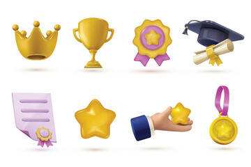 Set of award icons including a crown, medal, certificate, prize, graduation cap, and star in 3D vector render style.