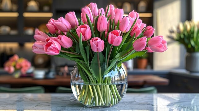   A vase of pink tulips sits atop a table next to a vase of water