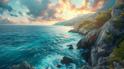 Fotobehang interplay between land and sea along a rugged coastline © MuhammadInaam