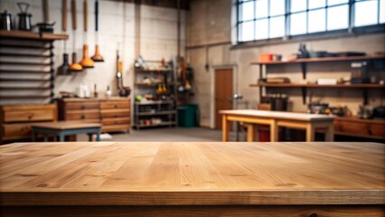 A wooden tabletop with ample space for text or images. A workshop setting serves as the background.