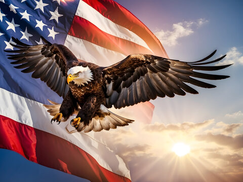 Celebrate Independence Day with the powerful image of an eagle soaring through the sky, proudly carrying the American flag, illuminated by the warm glow of sunlight.