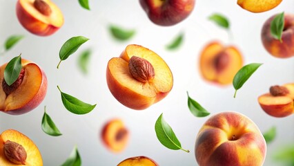 Peaches, ripe and succulent, tumble gracefully amidst verdant leaves against a pristine white backdrop. Slices of peach dance in the air, their outlines softening into a mesmerizing blur.