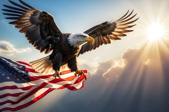 Celebrate Independence Day with the powerful image of an eagle soaring through the sky, proudly carrying the American flag, illuminated by the warm glow of sunlight.