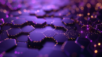 a purple colored digital abstract abstract background with many hexagons, golden edges, in the style of light purple and dark navy, fragmented icons, rendered in unreal engine, scoutcore