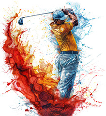 A man in a yellow shirt, blue pants and a hat, swinging a golf club, striking a ball, surrounded by splatters of red, orange, yellow and blue paint, isolated on white background.  - obrazy, fototapety, plakaty