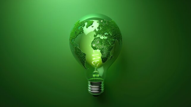 Green light bulb with world map symbol of renewable energy on green Background. AI generated image