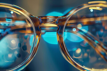An extreme close-up of eyeglasses with a warm amber frame and anti-reflective coating, reflecting blue and orange light patterns.