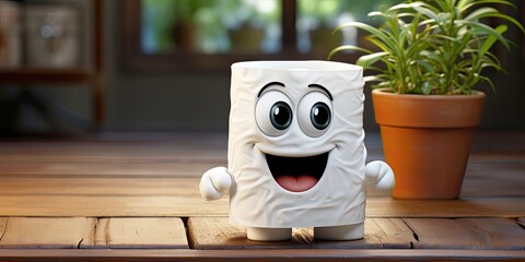 Funny cartoon! Cute toilet paper character on the table. Smiling and ready for some bathroom fun