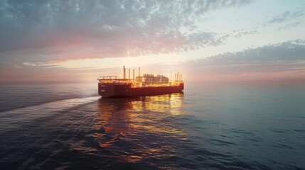 Floating LNG processing facility illuminated by sunset on calm ocean
