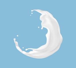 Obraz na płótnie Canvas Circle milk splash isolated on blue background. Natural dairy product, yogurt or cream splash with flying drops. Realistic Vector illustration
