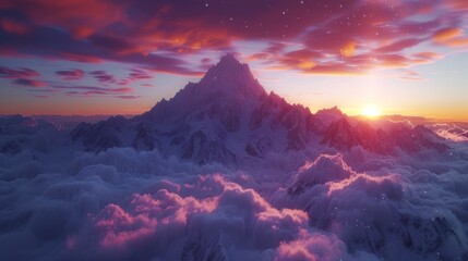   A sunset mountain scene with the sun rising on top and clouds covering its base - obrazy, fototapety, plakaty