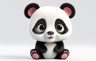 A cartoon panda bear with pink fur and black whiskers sits on a white surface