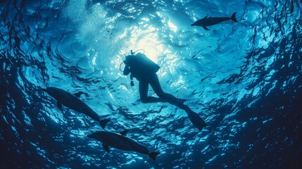 Marine biologist swimming with dolphins in high res twilight ocean scene, vibrant aquatic life