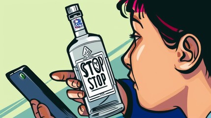 a cartoon image of a person looking at a smartphone on the screen of which there is a bottle of vodka with the inscription "STOP" --no text, titles --ar 16:9 --quality 0.5 --stylize 0 Job ID: 4417363e