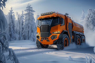 Large Orange Truck Driving Through Snow Covered Forest