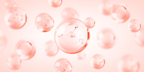 Molecule inside bubble on pink background. Pink collagen serum drops. Concept skin care cosmetics solution. Vector illustration