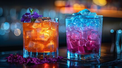   Close-up of two glasses filled with ice, a drink with a flower on one side, and a purple flower in the center