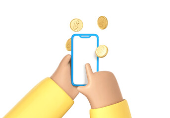 Fototapeta na wymiar Phone in hand and gold coins. Online payment concept. Money transfer on smartphone. Mobile wallet. Cashback and banking. Vector 3d illustration